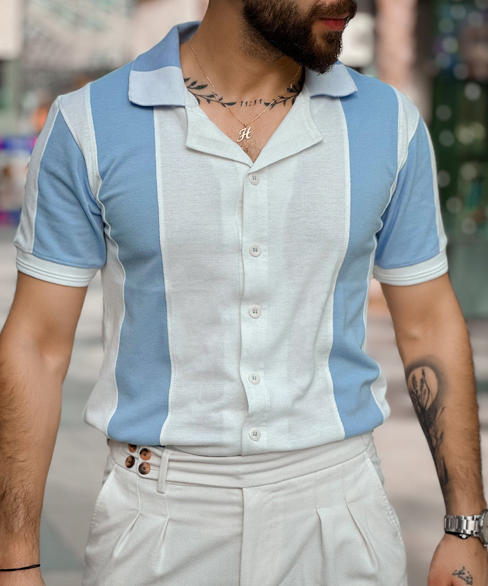 Coastal Breeze Men Blue & White Cuban Collar Polo