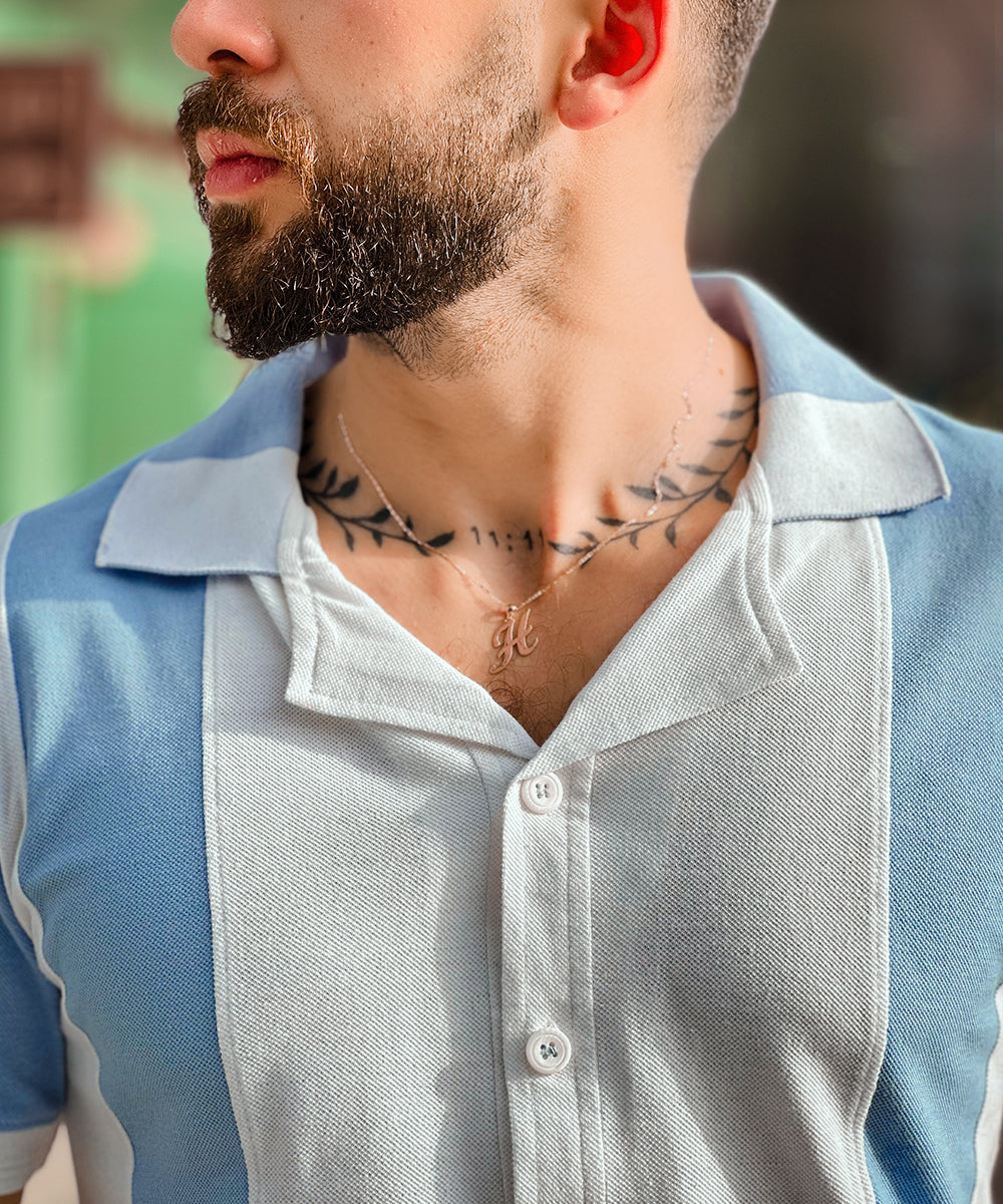 Coastal Breeze Men Blue & White Cuban Collar Polo