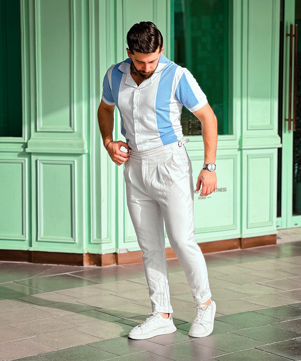 Coastal Breeze Men Blue & White Cuban Collar Polo