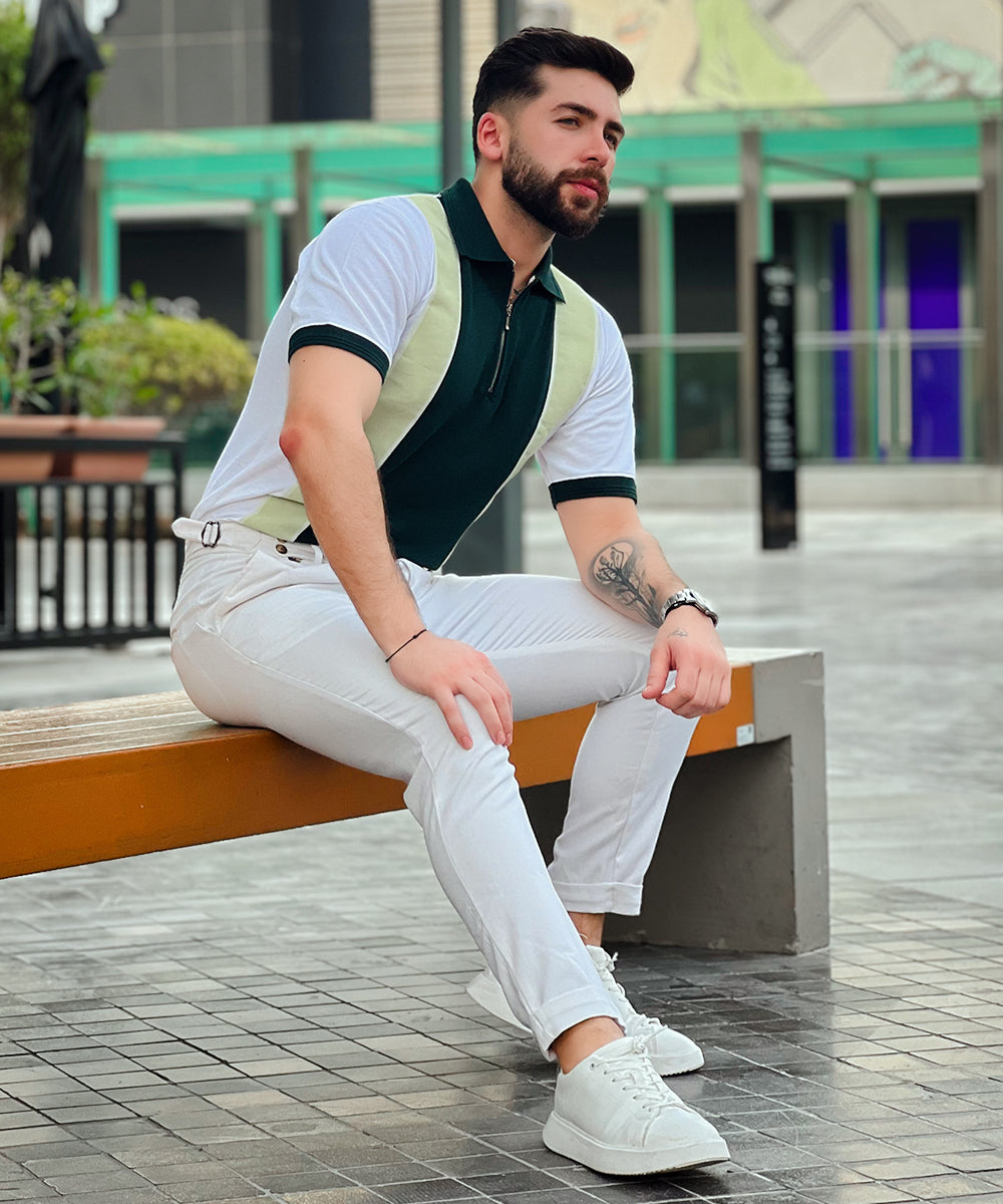 Fresh Mint Men White and  Green Zipper Polo