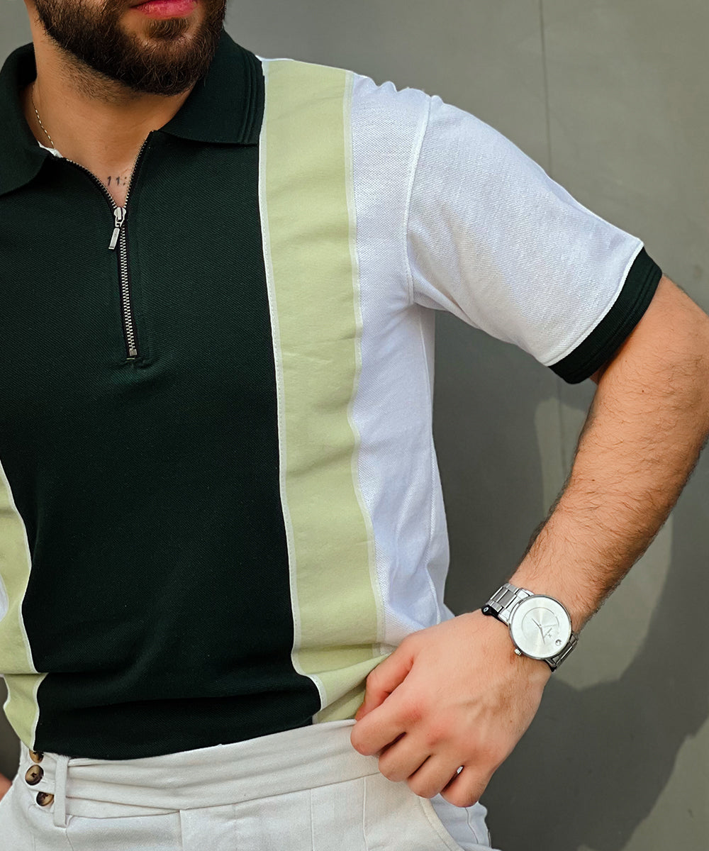 Fresh Mint Men White and  Green Zipper Polo