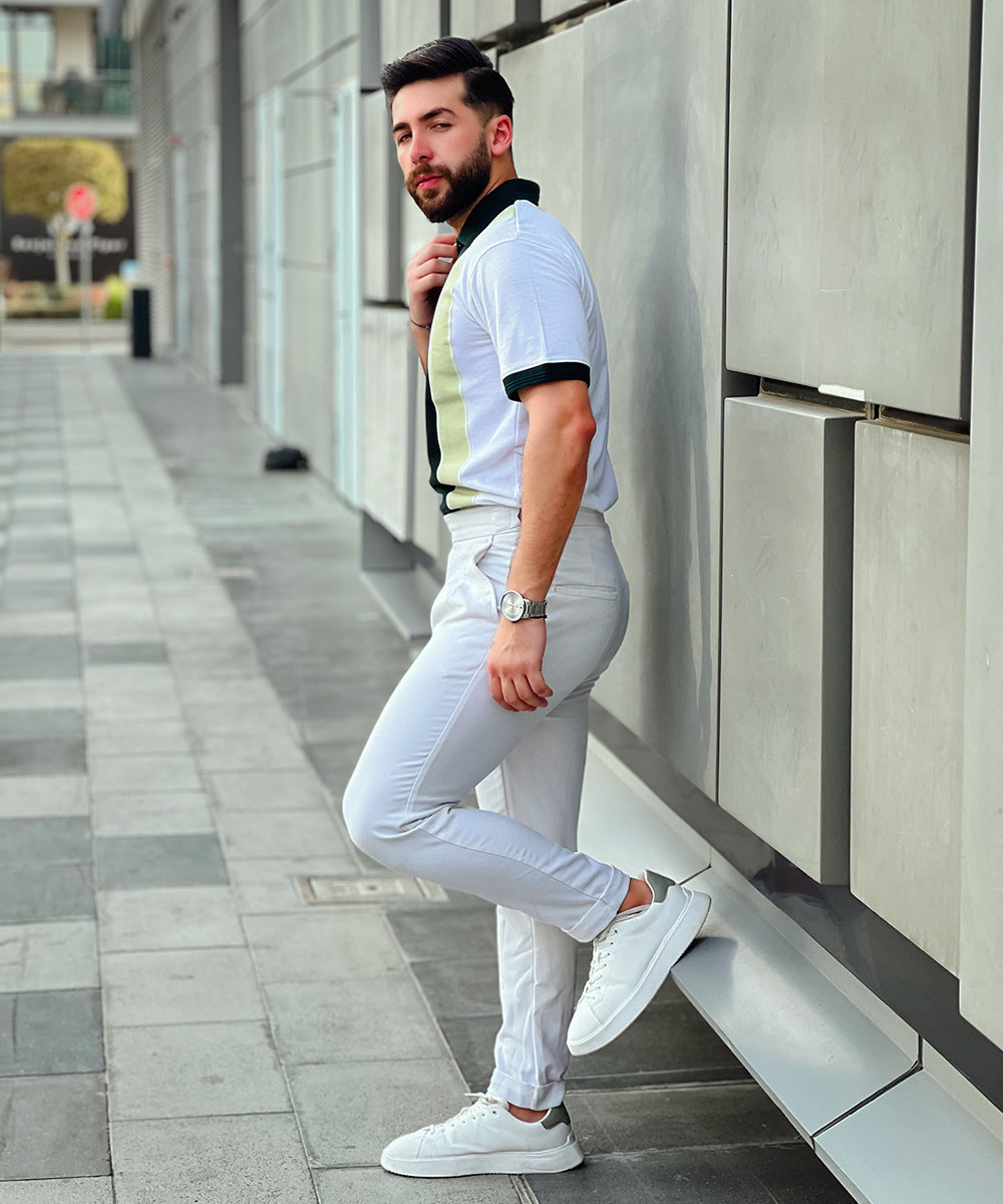 Fresh Mint Men White and  Green Zipper Polo