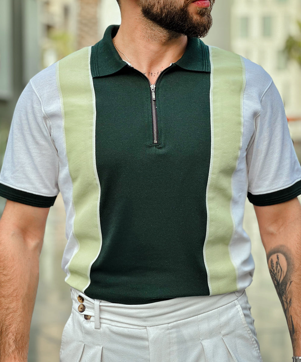Fresh Mint Men White and  Green Zipper Polo