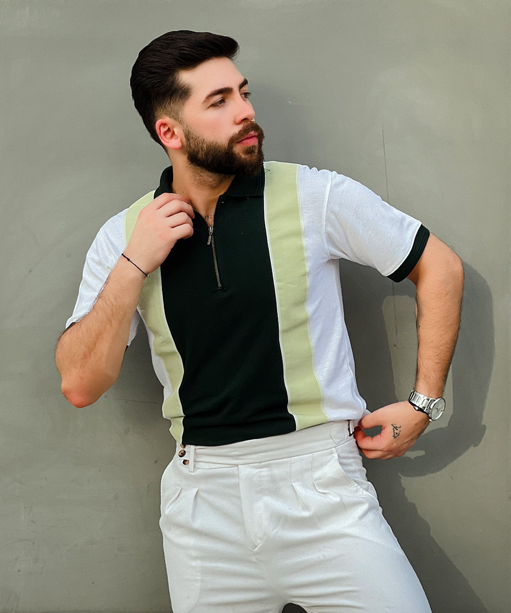 Fresh Mint Men White and  Green Zipper Polo