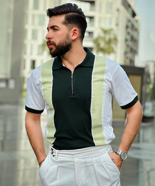 Fresh Mint Men White and  Green Zipper Polo