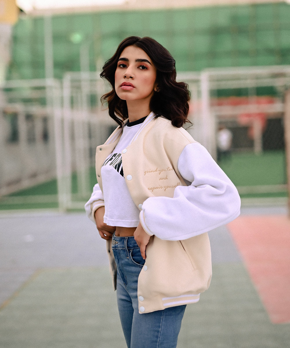 The Wild Beige Zaavs Jacket | Varsity Jacket | Women | Zaavs Wardrobe