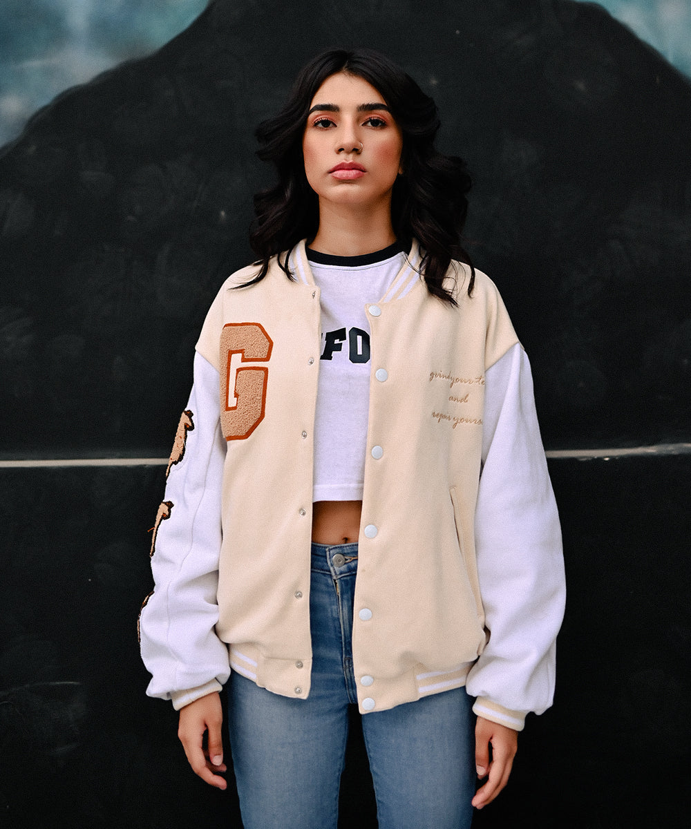 The Wild Beige Zaavs Jacket | Varsity Jacket | Women | Zaavs Wardrobe