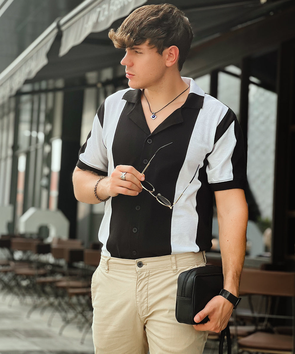 Monochrome Havana Men Black and White Cuban Collar Polo