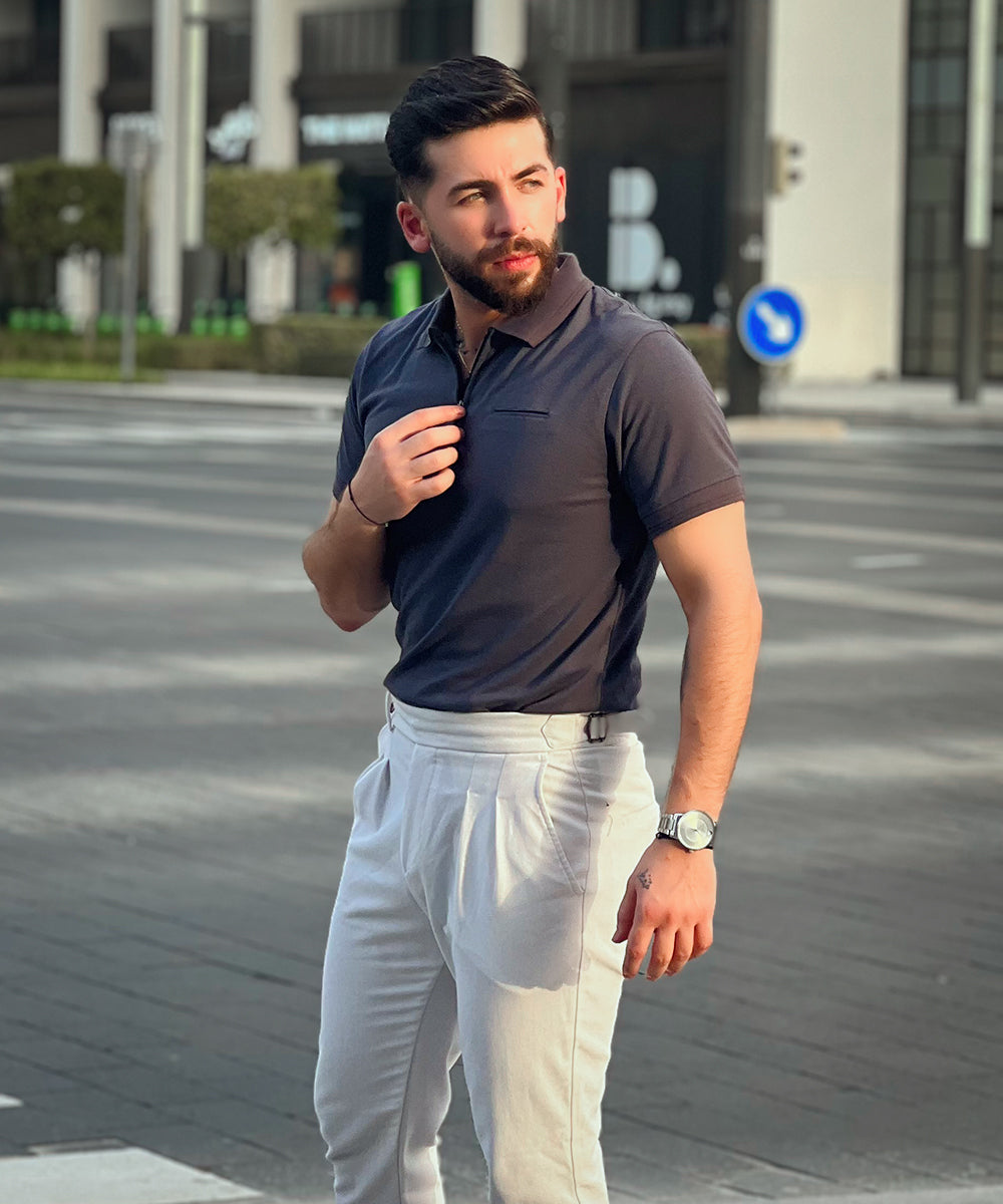 Sleek Silver Zaavs Men Grey Polo Effortless Style with Bone Pocket