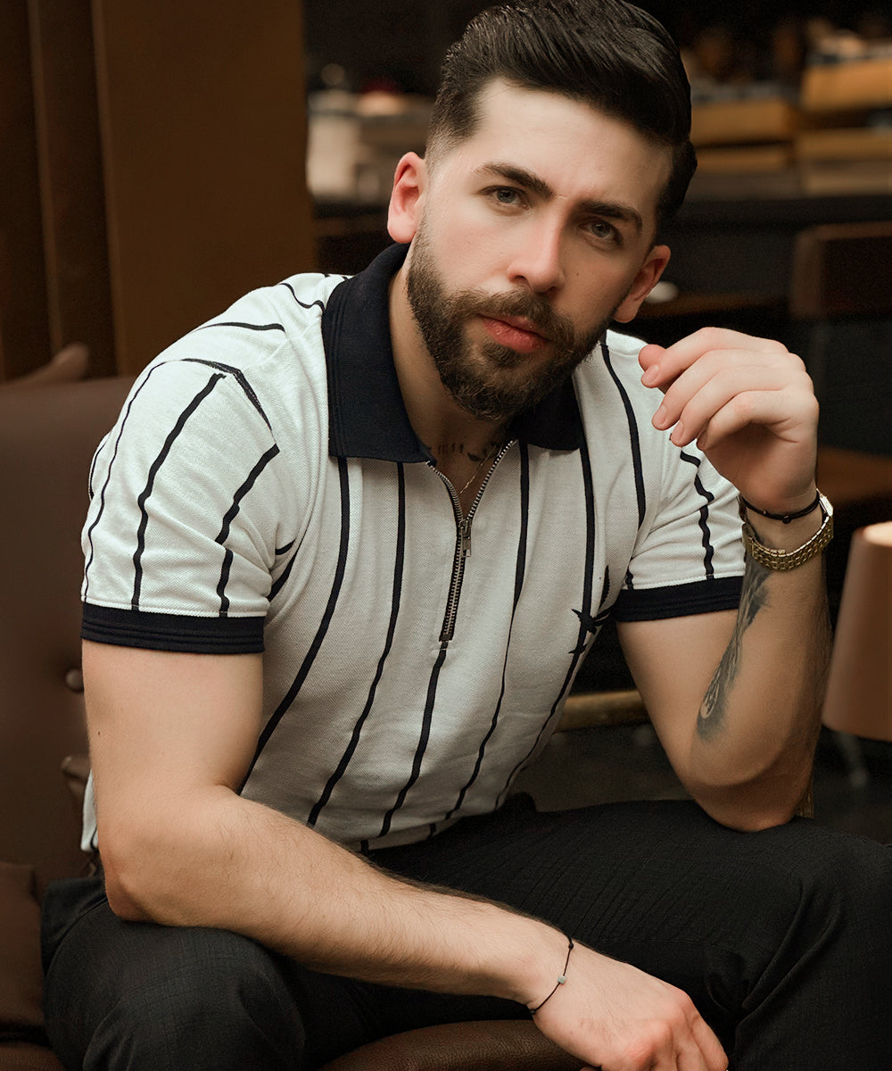 Zaavs Leafy Stripes Men Zipper Polo