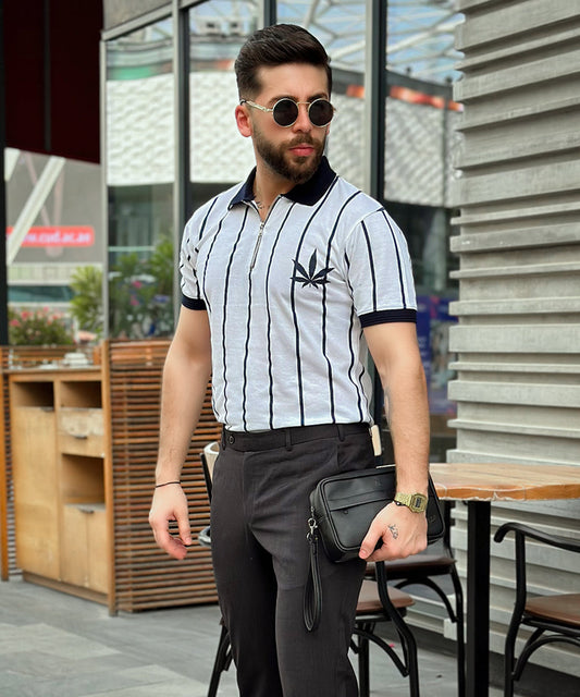 Zaavs Leafy Stripes Men Zipper Polo