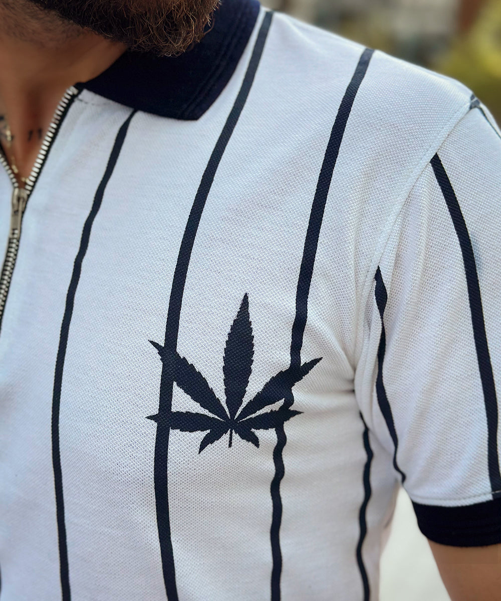 Zaavs Leafy Stripes Men Zipper Polo