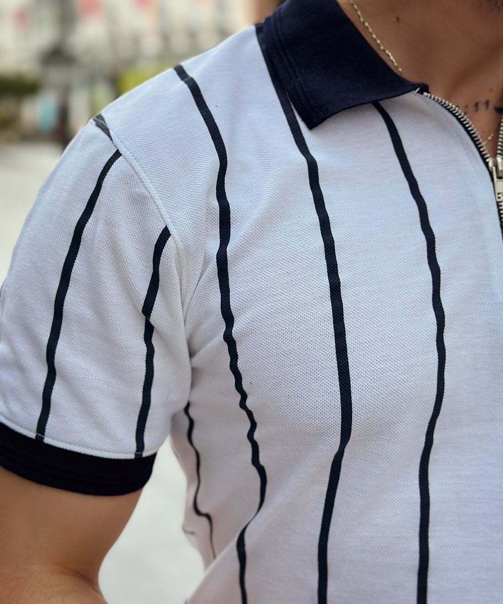 Zaavs Leafy Stripes Men Zipper Polo