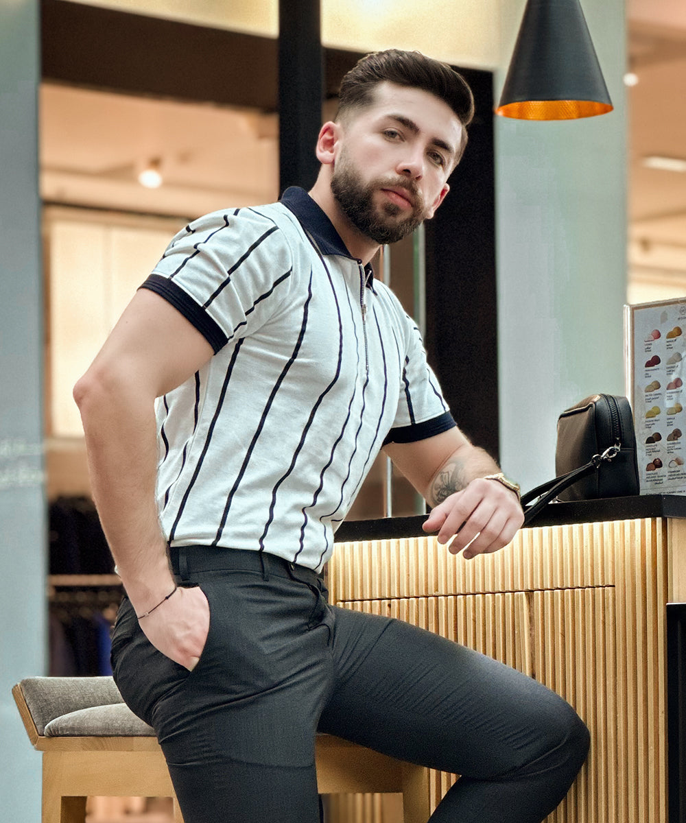 Zaavs Leafy Stripes Men Zipper Polo