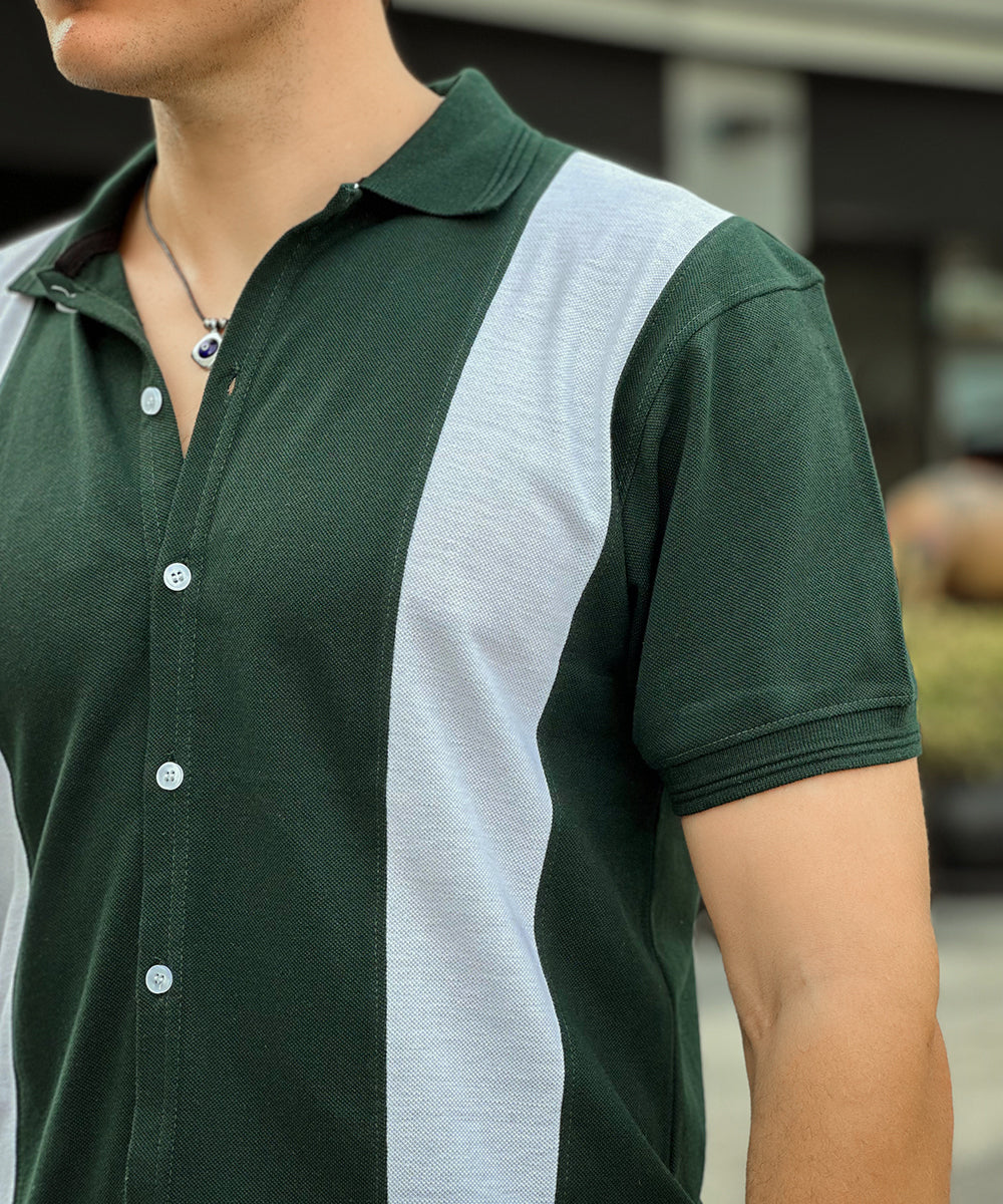 Emerald Elegance Zaavs Men Green and White Button Down Polo