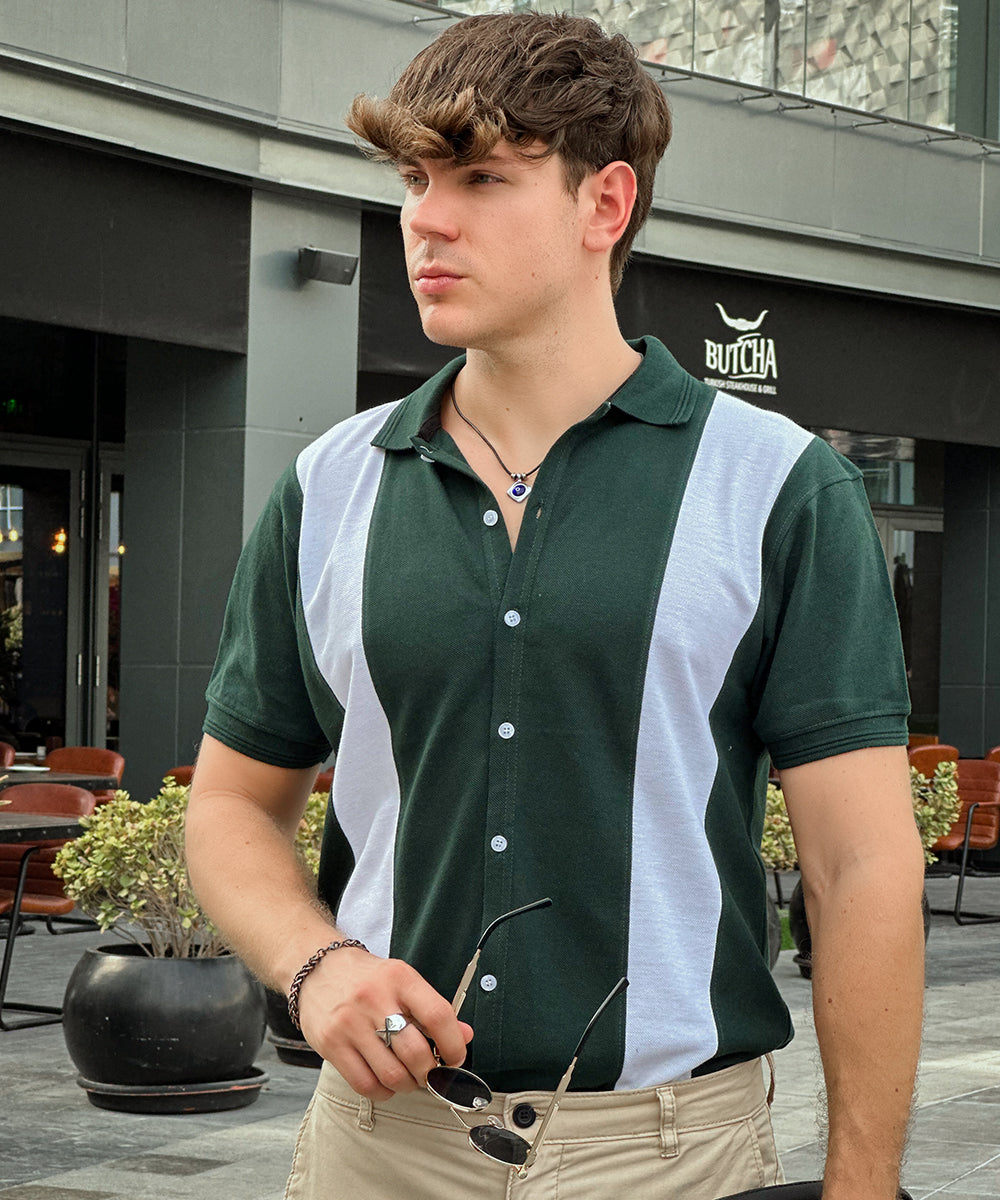 Emerald Elegance Zaavs Men Green and White Button Down Polo