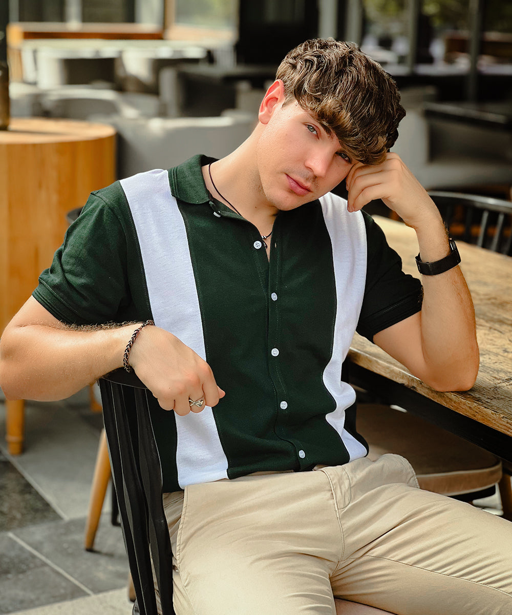 Emerald Elegance Zaavs Men Green and White Button Down Polo