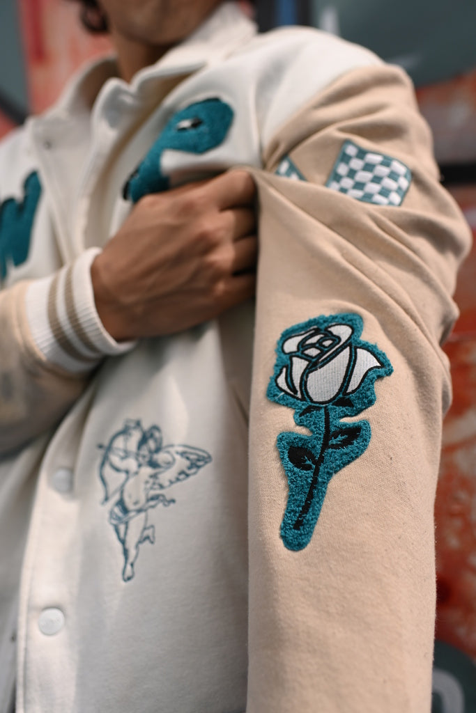 Zaavs Vintage Varsity: Off-White & Beige Unisex Varsity Jacket