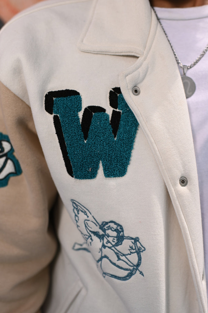 Zaavs Vintage Varsity: Off-White & Beige Unisex Varsity Jacket