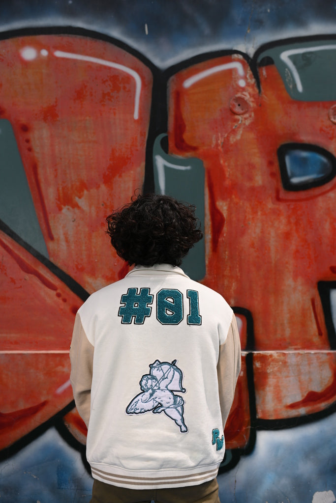 Zaavs Vintage Varsity: Off-White & Beige Unisex Varsity Jacket