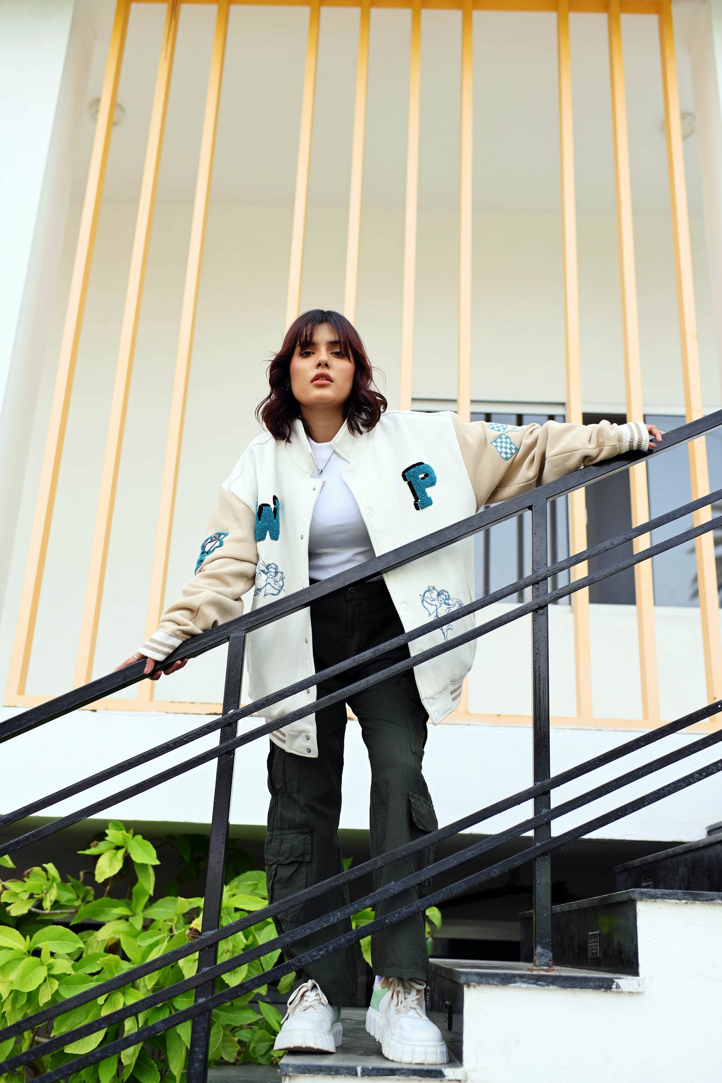 Zaavs Vintage Varsity: Off-White & Beige Unisex Varsity Jacket