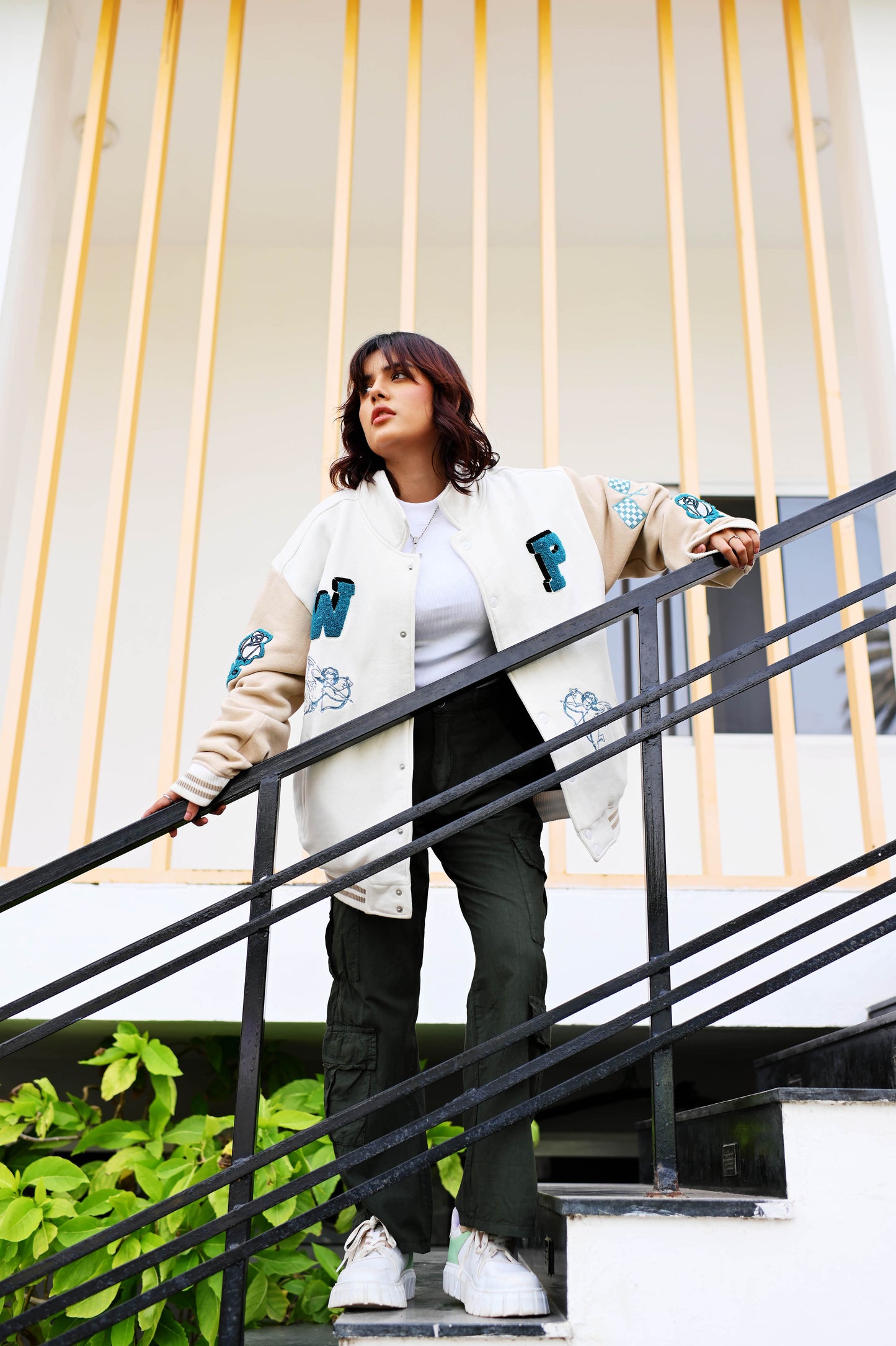 Zaavs Vintage Varsity: Off-White & Beige Unisex Varsity Jacket