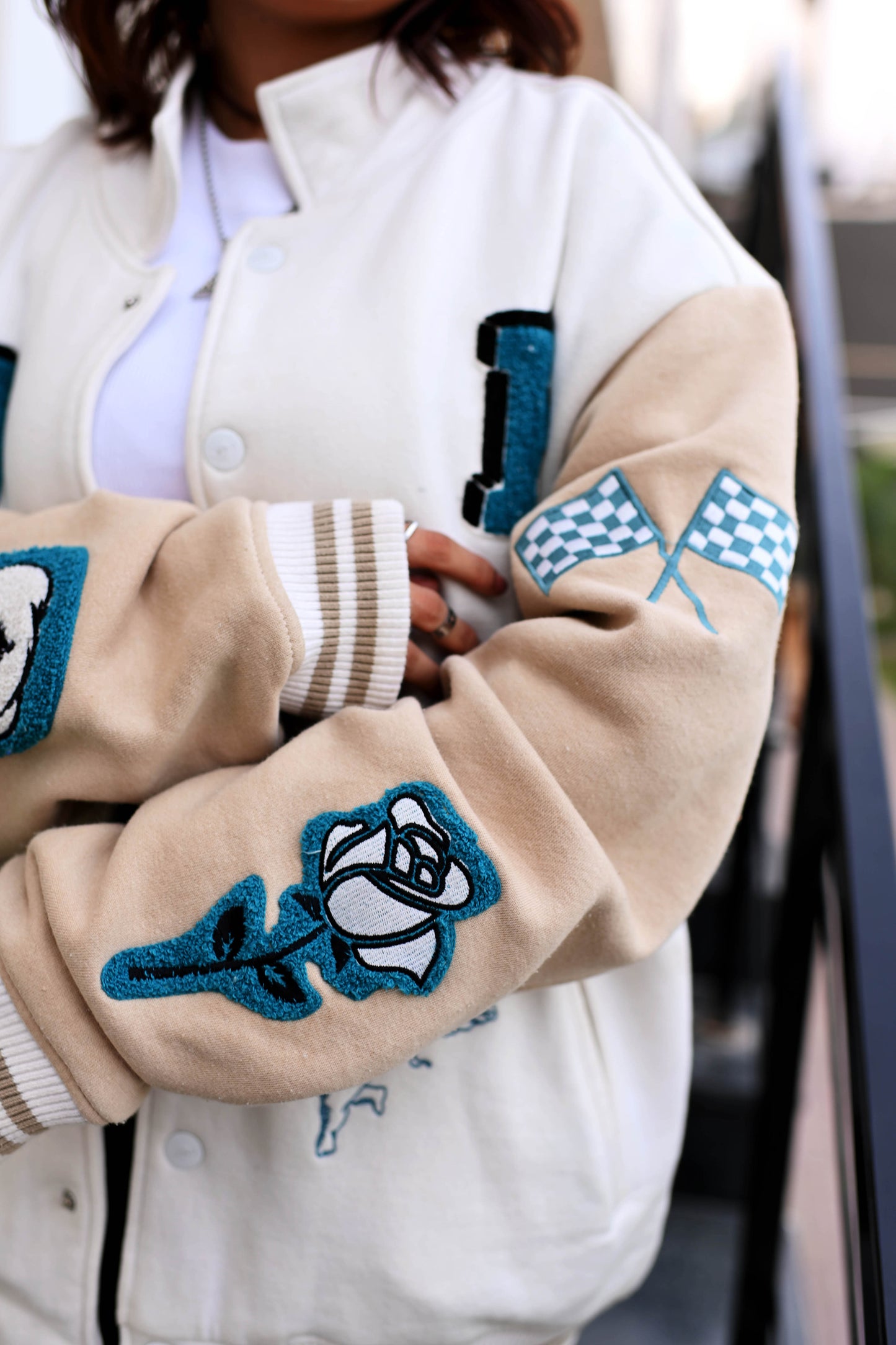 Zaavs Vintage Varsity: Off-White & Beige Unisex Varsity Jacket