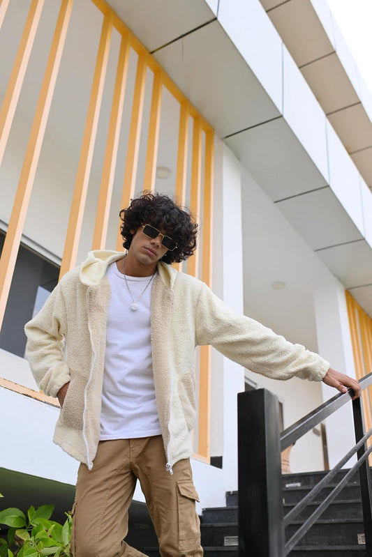 Zaavs Men Arctic Ivory Sherpa Zipper Hoodie