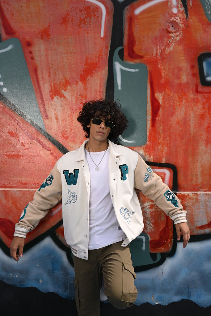 Zaavs Vintage Varsity: Off-White & Beige Unisex Varsity Jacket